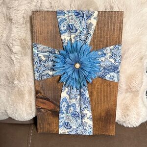 Blue Floral Wood And Fabric Cross Wall Decor